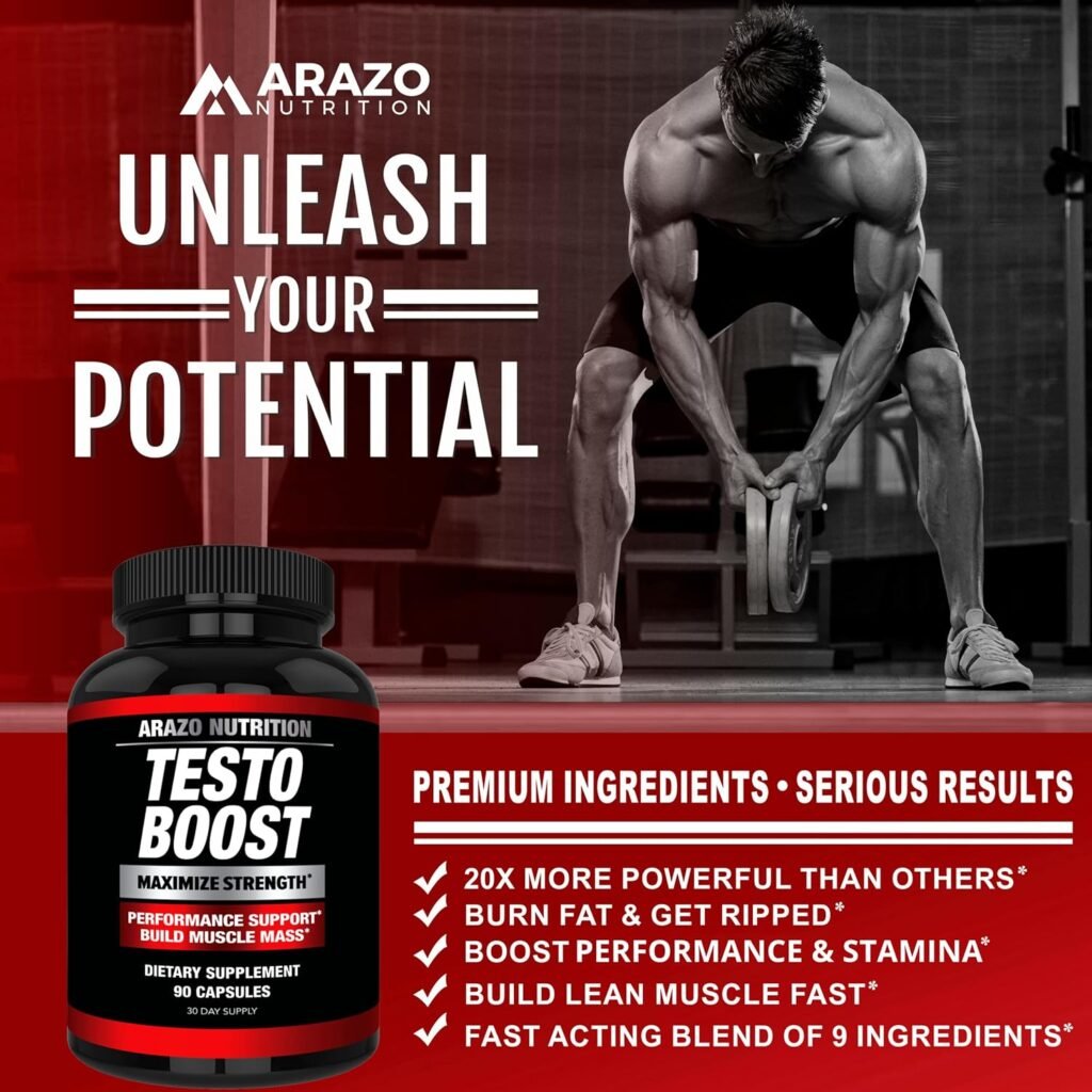 Arazo Nutrition TestoBoost Test Booster Supplement - Potent  Natural Herbal Pills - Boost Muscle Growth - Tribulus, Horny Goat Weed, Hawthorn, Zinc, Minerals