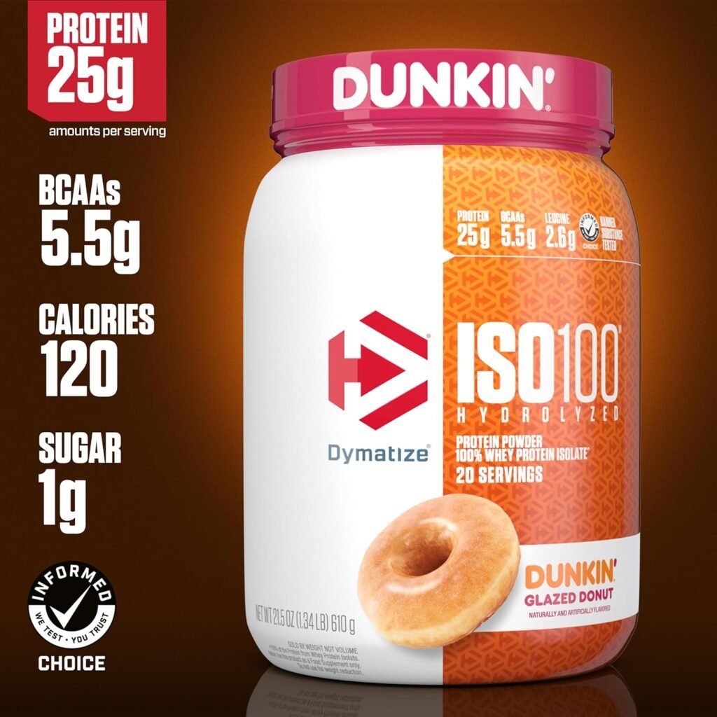 Dymatize ISO100 Hydrolyzed Protein Powder, 100% Whey Isolate, Dunkin Glazed Donut Flavor, 20 Servings, Gluten-Free