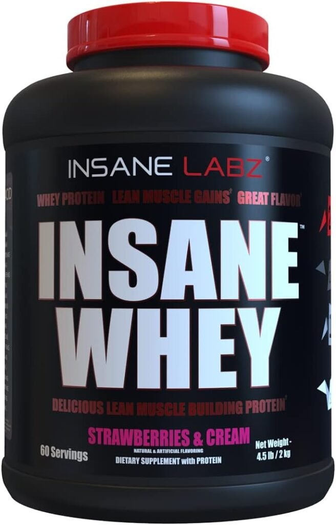 Insane Labz Insane Whey,100% Muscle Building Whey Protein, Post Workout, BCAA Amino Profile, Mass Gainer, Meal Replacement, 5lbs, 60 Srvgs, (Strawberries  Cream)