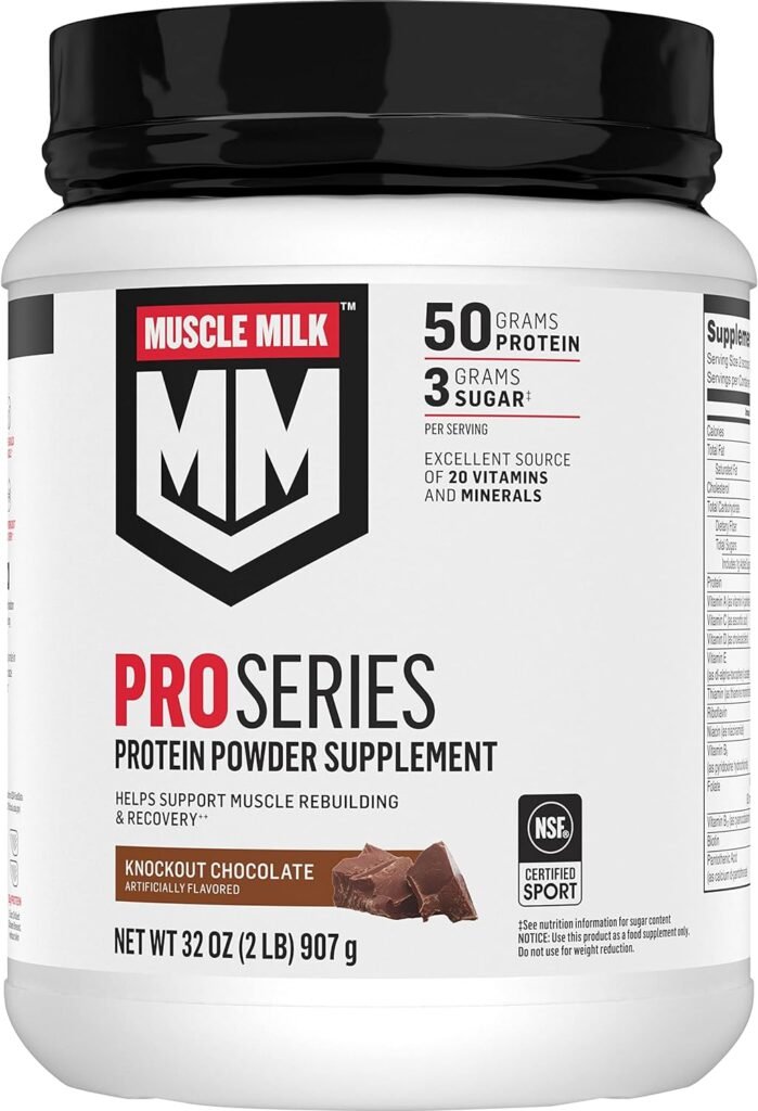 Muscle Milk Pro Series Protein Powder Supplement,Knockout Chocolate,2 Pound,11 Servings,50g Protein,3g Sugar,20 Vitamins  Minerals,NSF Certified for Sport,Workout Recovery,Packaging May Vary