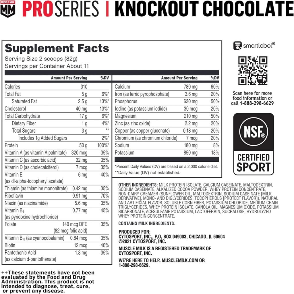 Muscle Milk Pro Series Protein Powder Supplement,Knockout Chocolate,2 Pound,11 Servings,50g Protein,3g Sugar,20 Vitamins  Minerals,NSF Certified for Sport,Workout Recovery,Packaging May Vary